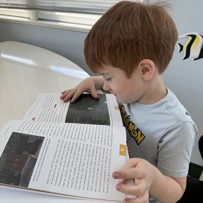 a young boy reading a book